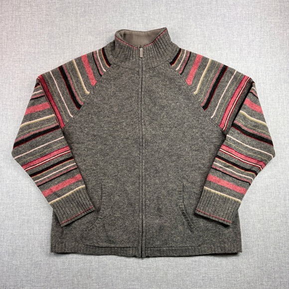 VTG Eddie Bauer Lambswool Zip Sweater Jacket Women XL Gray Striped Cottage Ski